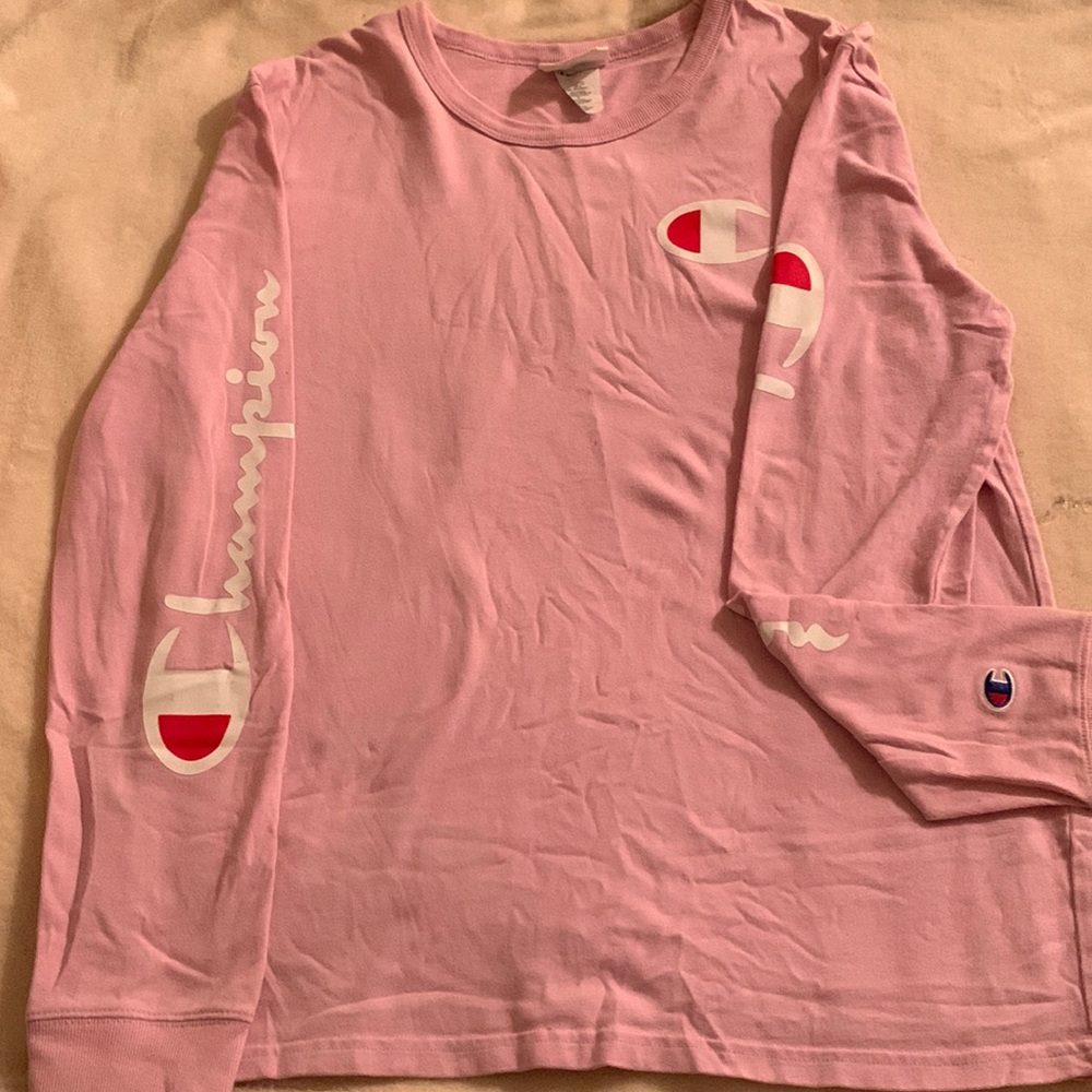 Baby pink mens champion long sleeve, size: medium.